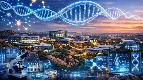 A panoramic view of Hyderabad’s Genome Valley skyline blended with DNA helix graphics, glowing molecular structures, and futuristic biotech lab overlays.