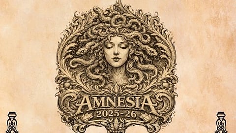 Logo of Amnesia, a head of women like medusa with hair locks coming out in golden.