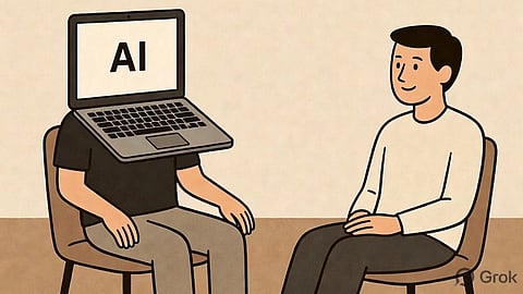 An illustration of a therapist replaced with AI laptop and client sitting in front of him.