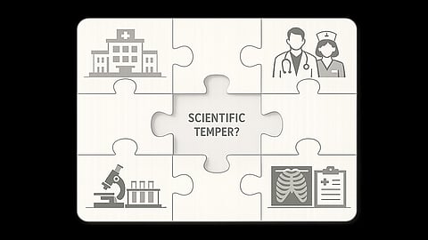 A puzzle forming a complete healthcare system (hospital, doctors, diagnostics), but one central piece labeled “scientific temper” is missing, leaving a visible gap.