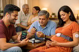 Indian family across generations using preventive health tools, young adult using fitness app, middle-aged person checking glucose levels, pregnant woman monitored with medical device