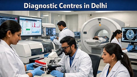 Diagnostic centres in Delhi, a lab with technicians working on blood samples, a person getting a scan.