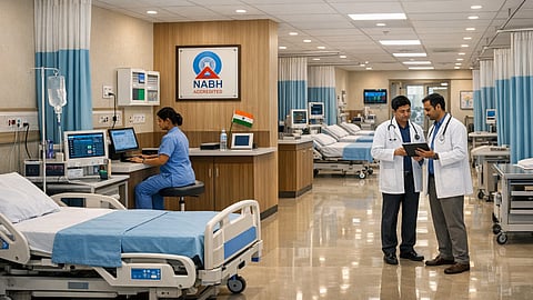 Modern standardized hospital environment, clean wards, organized systems, digital records, symbolizing transition to accreditation, realistic hospital interiors, India setting