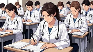 Illustration of med students giving test.