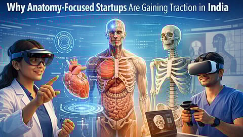 Indian medical students using augmented and virtual reality technology to study 3D human anatomy models in a modern classroom setting, illustrating the rise of anatomy-focused startups in India.