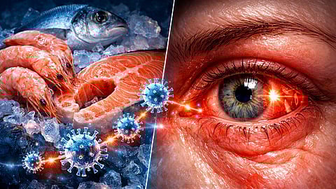 A split-scene medical illustration showing raw seafood like shrimp and fish on one side, and a close-up human eye with inflammation and pressure effects on the other