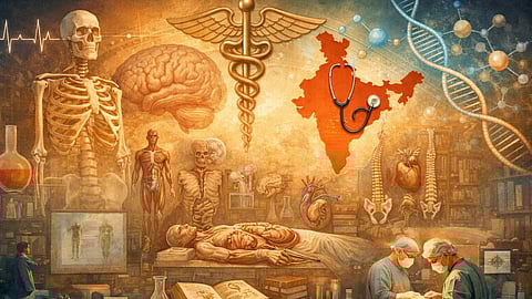 Illustration of clinical anatomy in India featuring a cadaver dissection table, anatomical models, skeleton, brain, DNA helix, medical books, laboratory equipment, and surgeons at work, symbolizing anatomy education and modern medicine.