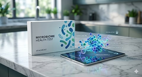 A high-quality, cinematic studio shot of a modern, minimalist at-home health test kit box sitting on a clean marble surface. Next to it, a sleek tablet display abstract bacterial clusters and DNA helices.