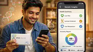 A young Indian adult holding a home DNA test kit while looking at a smartphone showing genetic insights dashboard, warm indoor lighting, realistic lifestyle shot mixed with subtle digital overlays.