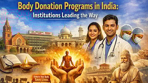 Indian medical colleges, doctors, and a symbolic human figure in hands representing body donation, with anatomy books, cadaver training, and Sage Dadhichi imagery highlighting medical education and altruism in India.