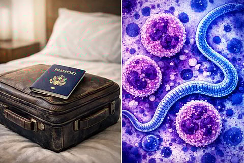 On the left, a travel-worn suitcase and a passport lying on a bed. On the right, a close-up, high-contrast shot of a laboratory microscope slide showing abstract