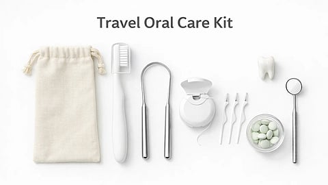 A set of travel oral care kit supplies like toothbrush, floss, hand picks etc.