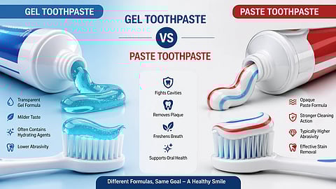 A comparison image of toothpaste vs gel formula.