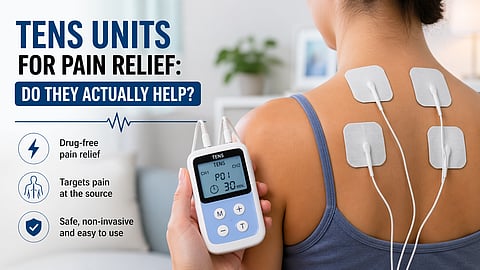 Person using a TENS unit with adhesive electrode pads placed on the lower back, connected to a small handheld device for non-invasive pain relief.