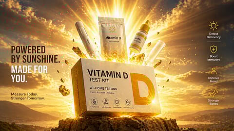 Conceptual illustration of a home vitamin D testing kit emerging from radiant sunlight with dramatic golden tones symbolizing screening and vitamin D awareness.