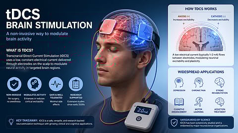 a person wearing a tDCS headset with electrodes placed on the scalp.