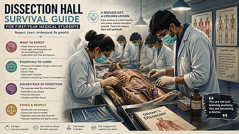 Illustration of a medical college dissection hall showing first-year students in lab coats, gloves, and masks performing cadaveric dissection.