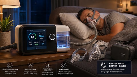 A person sleeping peacefully in a modern bedroom while using a sleek, premium CPAP machine with a glowing digital display and heated humidifier.