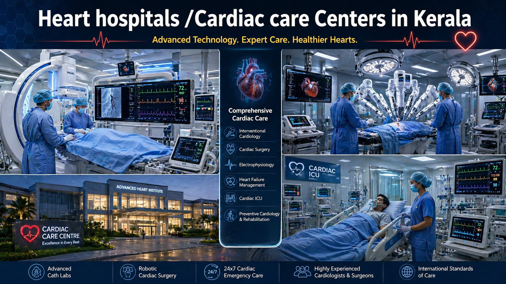 A collage of multiple AI images showing cardiac ICU, a hospital and a patients getting treatment.