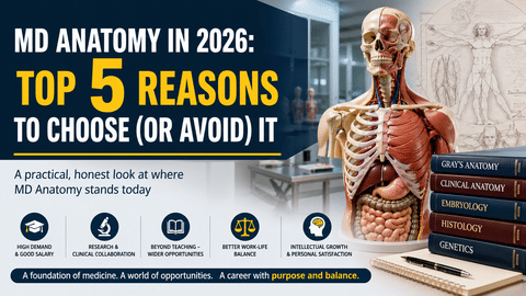 a detailed human anatomical model beside medical textbooks in a lab setting, with bold text reading “MD Anatomy in 2026: Top 5 Reasons to Choose (or Avoid) It,” highlighting themes of teaching, research, clinical collaboration, and work-life balance.