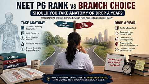 NEET PG decision dilemma with a doctor at a crossroads choosing between taking Anatomy or dropping a year, highlighting career paths, work-life balance, and future opportunities.