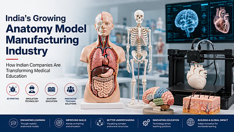 Modern medical laboratory featuring anatomical teaching models, a human skeleton, and a 3D printer creating a heart model, representing India’s growing anatomy model manufacturing industry and advancements in medical education.