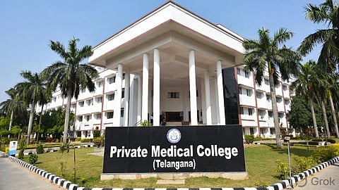 A white college building with a board that say Private Medical College (Telangana)