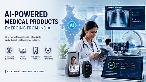 A doctor using digital diagnostic tools, AI-assisted radiology imaging, telemedicine, wearable health devices, and a digital map of India in a modern hospital setting.