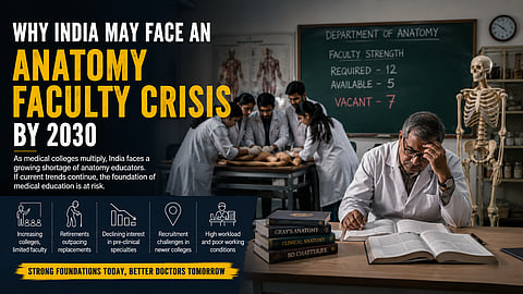 An anatomy professor sits stressed in a medical college anatomy lab while students perform cadaver dissection in the background, illustrating the growing anatomy faculty shortage crisis in India’s medical education system.