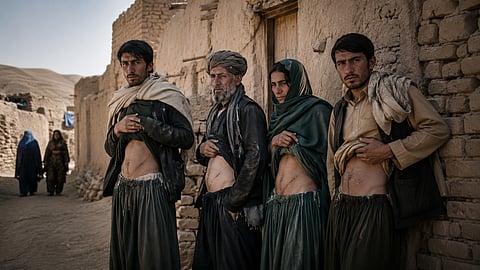 Photojournalistic image of adults standing in a dusty village lane in western Afghanistan, with subtle post surgery abdominal scars visible through traditional clothing, illustrating the humanitarian and organ sale crisis in Herat.