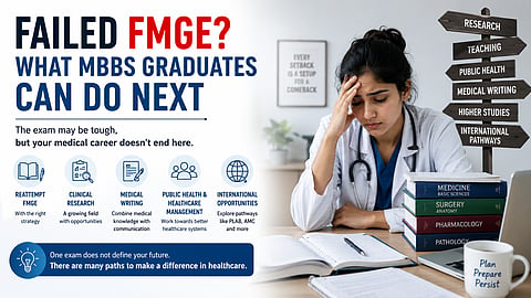 A stressed young doctor preparing for FMGE sits beside medical textbooks, while an infographic highlights alternative career options for MBBS graduates including medical writing, clinical research, public health, and international pathways.