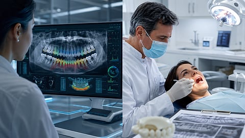 Split-screen medical illustration showing AI software analyzing a digital intraoral dental radiograph while an experienced periodontist examines a patient.