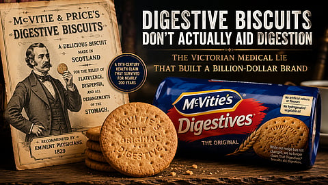 A vintage-inspired editorial image showing the history of digestive biscuits, featuring an old Victorian advertisement claiming digestive benefits beside modern McVitie’s Digestives packaging and stacked biscuits.