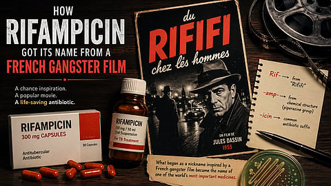 Rifampicin medicine bottles and capsules beside a vintage poster of the French film Rififi.