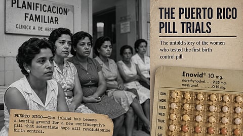 Puerto Rican women during the 1950s birth control pill trials, alongside vintage contraceptive pills and medical imagery symbolizing the ethical controversies surrounding the development of the first oral contraceptive.