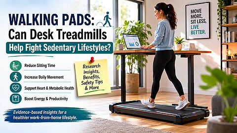 A poster for walking pad and a woman walking on a walking pad while working.