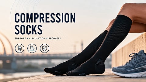 compression socks on legs and shoes and text saying compression socks.