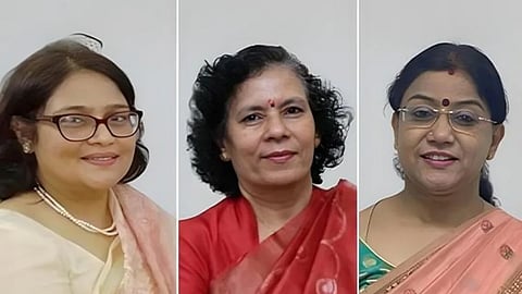 Portrait of three senior women doctors appointed as directors of Safdarjung Hospital, RML Hospital, and Lady Hardinge Medical College in Delhi.