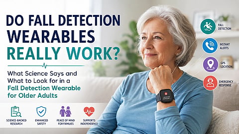 A poster for Fall detection and a older woman wearing the device on hand.