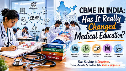 key components of CBME, including early clinical exposure, integrated learning, communication and ethics (AETCOM), competency assessment, and patient-centered care, alongside the title “CBME in India: Has It Really Changed Medical Education?