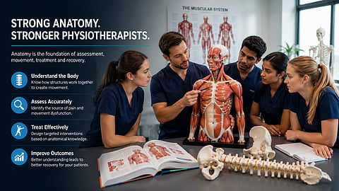 A group of physiotherapy students gathered around an anatomical muscle model in a classroom, learning about the human musculoskeletal system through interactive anatomy education.