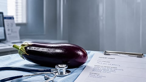 Eggplant on a medical examination table beside a stethoscope and patient chart,