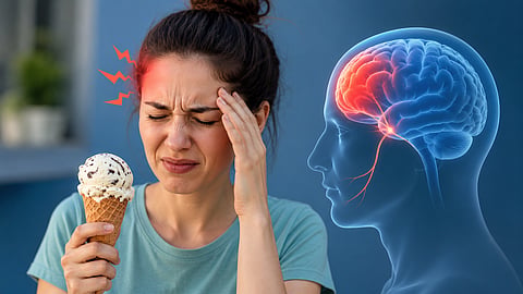 A woman holding an ice cream cone experiences a sudden headache while a medical illustration of the brain and trigeminal nerve appears beside her, showing the neurological pathways involved in brain freeze.