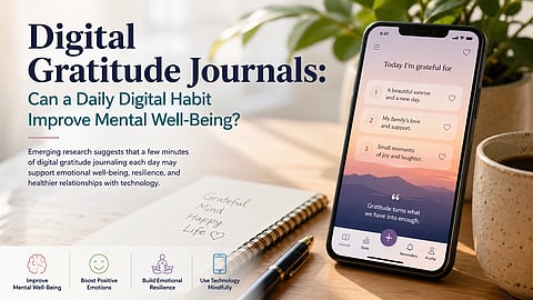 A poster for digital journaling with a mobile and diary and pen open.