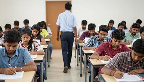 Indian students writing exam with OMR sheets, invigilator walking aisle, concentrated atmosphere