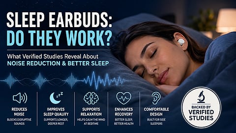 A woman sleeping with earbuds on and text on poster.