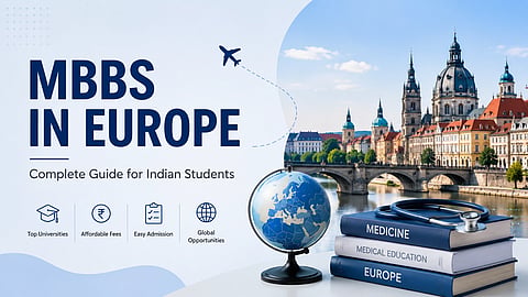 Poster with MBBS in Europe text and books and globe,