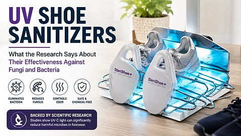 Poster for UV shoe sanitizers with text.