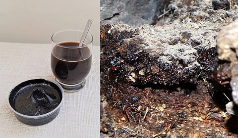 Altai Mumijo (Shilajit) dissolved in a glass of water and Shilajit, Mohave Lava Tube