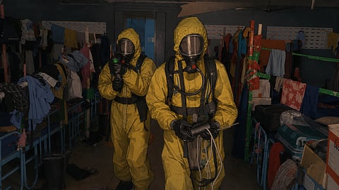 Hazmat team in a cluttered shelter